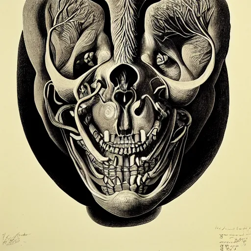 Image similar to surreal beast head anatomical atlas dissection center cut, lithography on paper conceptual figurative ( post - morden ) monumental dynamic soft shadow portrait drawn by hogarth and escher, inspired by goya, illusion surreal art, highly conceptual figurative art, intricate detailed illustration, controversial poster art, polish poster art, geometrical drawings, no blur
