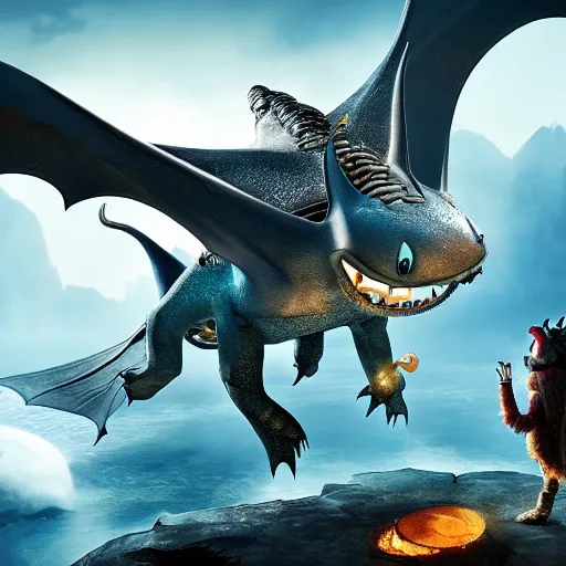 Image similar to a stardust dragon with mantaray wings and a stingray tail flying through an old viking village filled with vikings and other dragons, cgi, in the style of how to train your dragon, cinematic, high resolution, movie, film, animated film, cgi