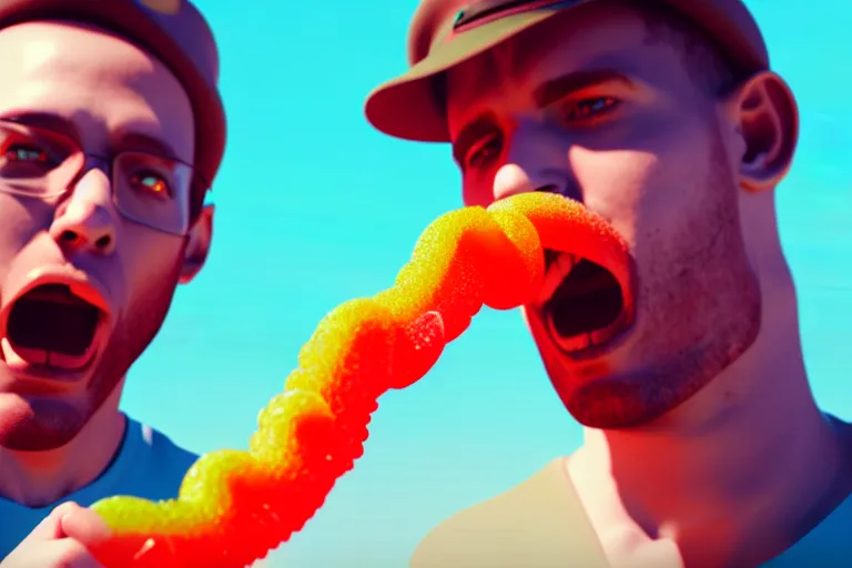 Prompt: two men eating one big gummy worm, rtx, sunlight, many details, octane render, high quality, 8 k