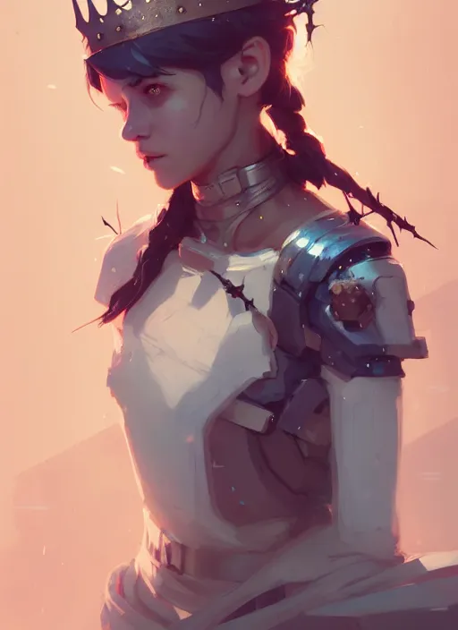 Prompt: portrait of cute gith maiden girl with crown of thorns and white hairs, warhammer, cyberpunk, by atey ghailan, by greg rutkowski, by greg tocchini, by james gilleard, by joe gb fenton, by kaethe butcher, dynamic lighting, gradient light blue, brown, blonde cream and white color in scheme, grunge aesthetic