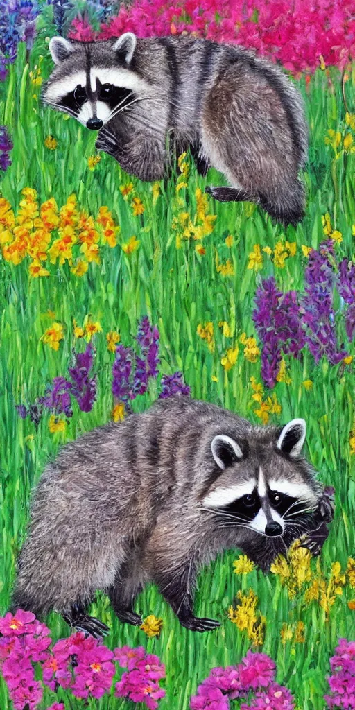 Prompt: painting raccoon in field of flowers,