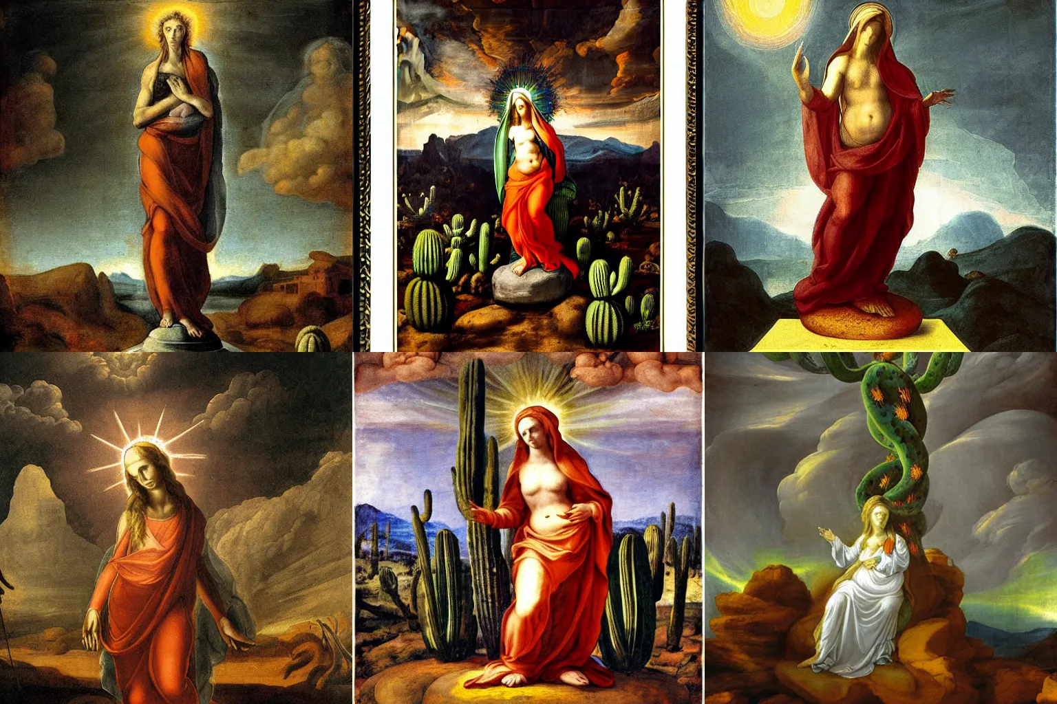 Prompt: michael angelo painting of a glowing virgin mary standing over a pedestal in a barren land with cactus and serpents. stormy weather. apocalypsis