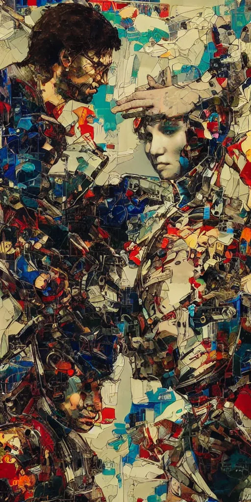 Prompt: unbelivable tension between two people, surreal, vivid colors, intricate design, painting by Alexander Mandradjiev, part by Yoji Shinkawa, part by Norman Rockwell