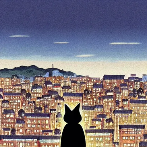 Image similar to a black cat fursona looking out over a city, Miyazaki, studio ghibli