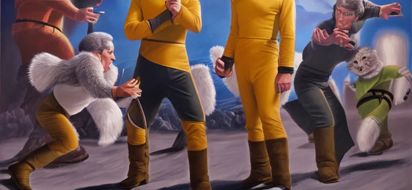 Image similar to captain kirk and spock with tribbles by juan ortiz 8k,