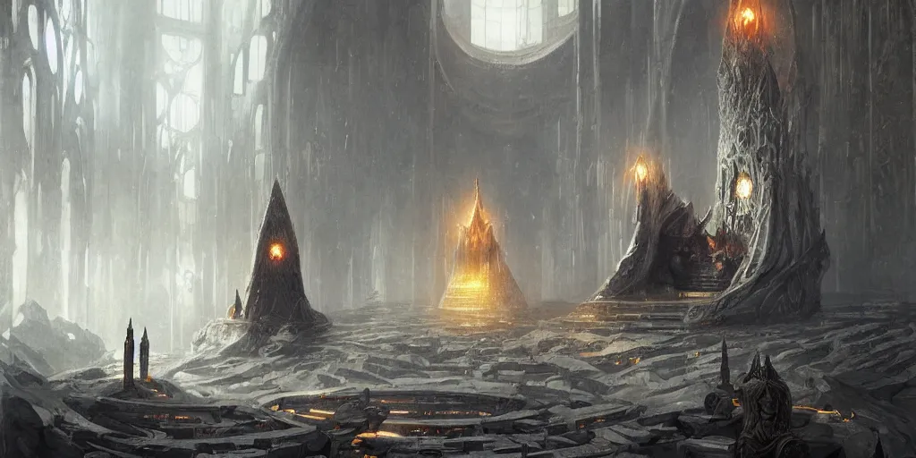 Prompt: Sauron resting in his throne, throne room in front of the Eye of Souron, oil painting, by Greg Rutkowski
