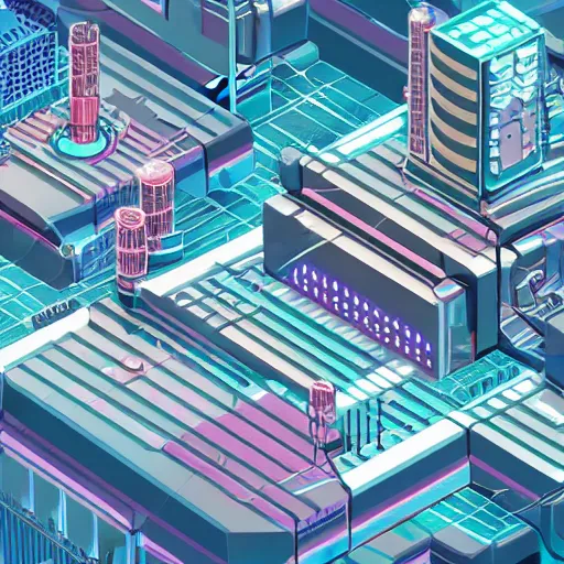 Image similar to isometric view of a mechanical glitch art city, scifi futuristic,