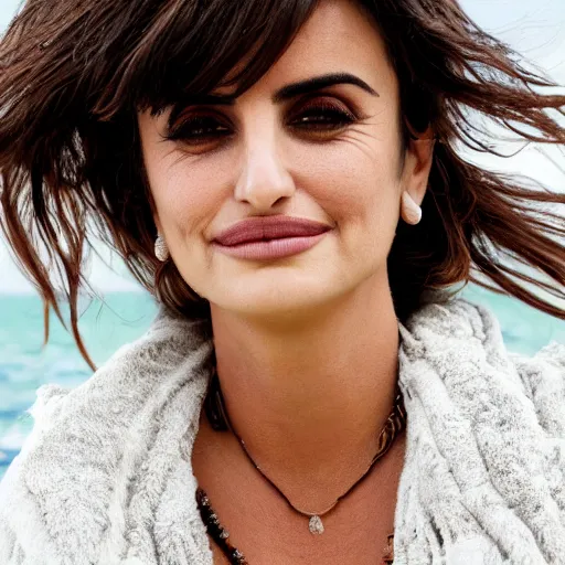 Image similar to a portrait of penelope cruz in a beach, sigma 8 5 mm f / 1. 4