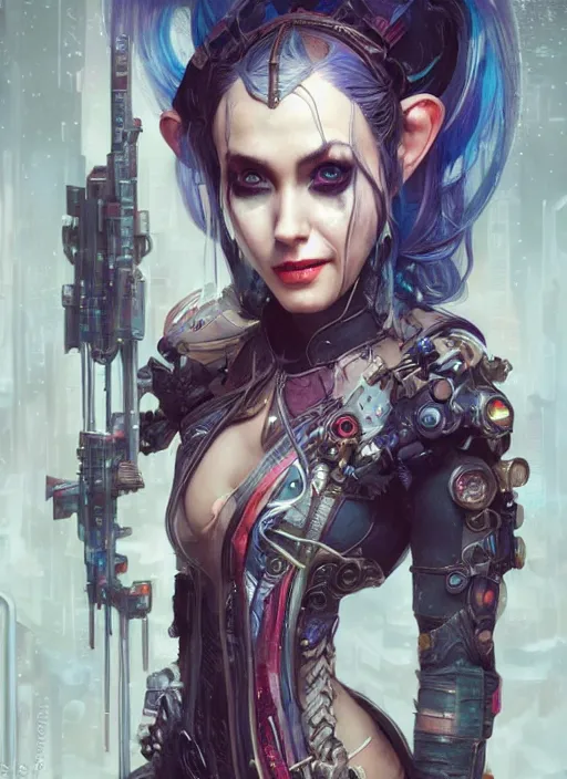 Prompt: a beautiful illustration of cyberpunk elven harley quinn, intricate, sharp focus, illustration, highly detailed, digital painting, concept art, matte, art by wlop and artgerm and greg rutkowski and alphonse mucha, masterpiece