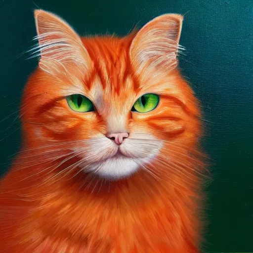 Image similar to oil painting of longhaired light orange and medium orange cat with green eyes, bushy tail, pointy ears, artistic, elegant,