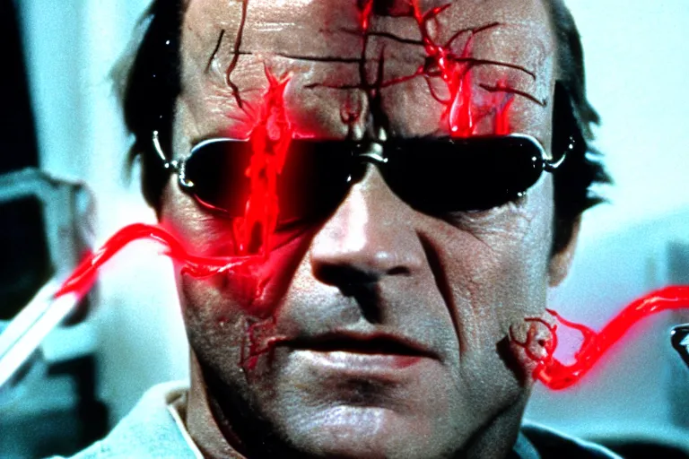 Image similar to Jack Nicholson plays Terminator, his one yes glow red, he is injured, still from the film