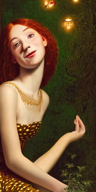 Image similar to a totally enraptured smiling young woman surrounded by golden firefly lights in a mesmerizing scene, sitting amidst nature fully covered! intricate detailed dress, long loose red hair, precise linework, accurate green eyes, small nose with freckles, beautiful smooth oval head, expressive emotions, hyper realistic ultrafine portrait by artemisia gentileschi, jessica rossier, boris vallejo