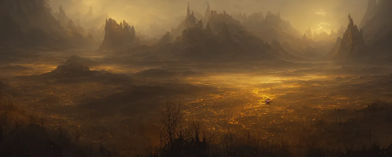 Prompt: a dark and golden landscape, with golden rivers and mystical birds that fly along, very detailed concept art, matte painting, digital art, concept art, realistic beautiful, trending on Artstation, Greg Rutkowski