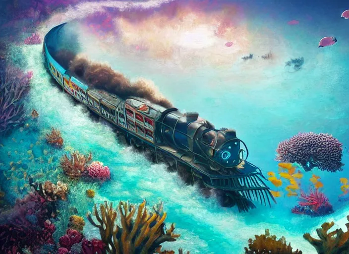 Prompt: epic cinematic artwork of a steam train underwater, coral reef, beautiful artwork by rutowski and brom,