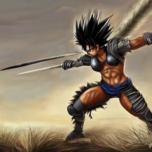 Image similar to realistic art style, warrior girl, muscular girl, wild spiky black saiyan hair, long spiky hair, electrified hair, holding scimitar made of bone, scimitar, sword, jagged sword, curved sword, orkish sword, colorized, gray skin, hyper - detailed, primeval fantasy, prehistoric fantasy, art by jacques - louis david