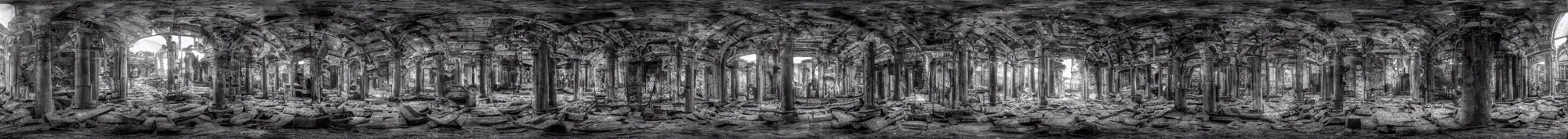 Prompt: photo of an immersive forgotten panopticon well, with columns and destroyed cybernetics from an ancient civilization, photorealistic, full of eyes, higly detailed dark, 3 6 0 picture, panorama, 3 5 mm slide, trending on flickr, in the style of francesca woodman, zachary corzine, zhelong xu, greg rutkowski and anders zorn