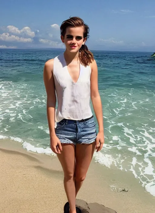 Prompt: emma watson visiting beach club in bali. iconic beach club in bali. front view. instagram holiday photo shoot, perfect faces