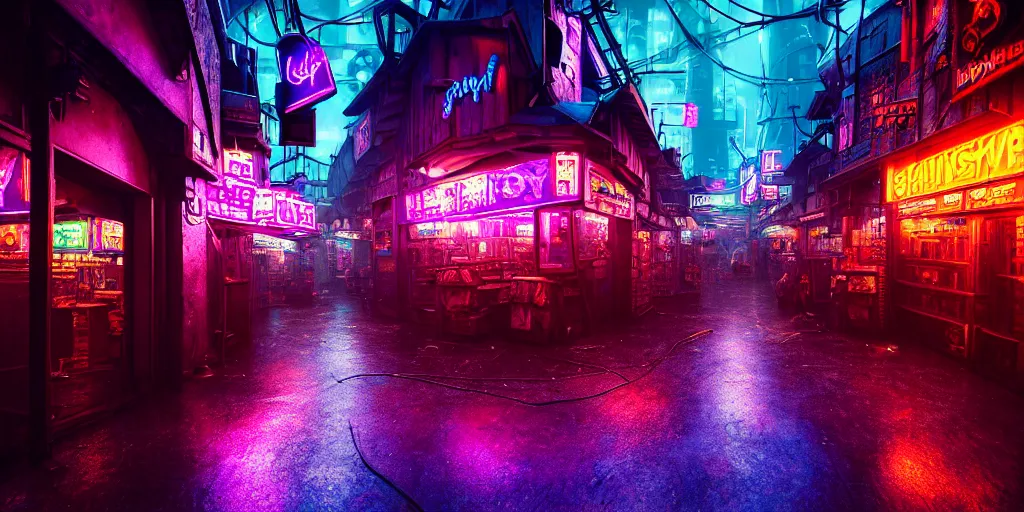 Image similar to fantasy medieval cyberpunk townscape, rain, neon signs, shops, arcade, market, nightclub, weaponsmith, blacksmith, armorer, floating vehicles, people, cinematic establishing shot, purple teal blue white pink orange color scheme, sharp focus, very realistic, photorealistic, intricately detailed, finely textured, cgsociety