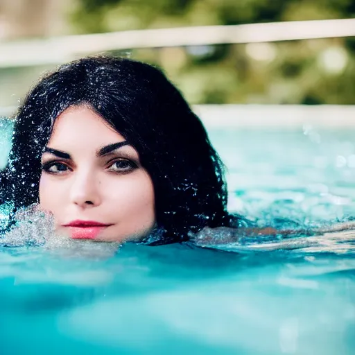 Image similar to close up portrait of beautiful woman half emerged in a swimming pool glaring in the camera, f1.8 50mm