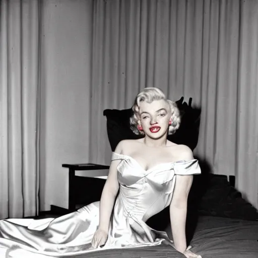 Image similar to 50s color photo of Marilyn Monroe in a silk nightgown sitting on a bed