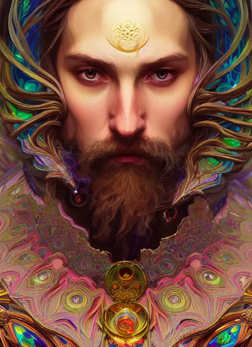 Prompt: hyper detailed ultra sharp of a wise slavic druid trance man. trending on artstation, warpaint aesthetic, earthwave, colorful, psychedelic, ornate, intricate, digital painting, concept art, smooth, sharp focus, illustration, art by artgerm and greg rutkowski and alphonse mucha, 8 k