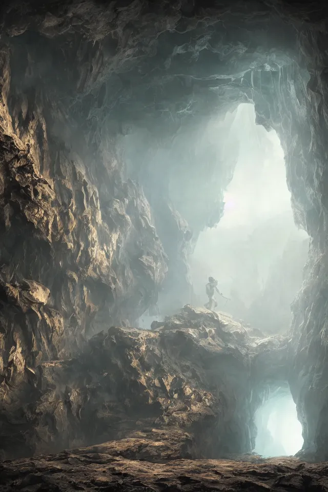 Prompt: the underground cave has a huge door made of bronze, bronze material, dark and spectacular atmosphere ， super wide angle ， matte painting ， rtx on ， by james paick and jan urschel ， trending on cgsociety and artstation, unreal engine ， volumetric light ， surreal