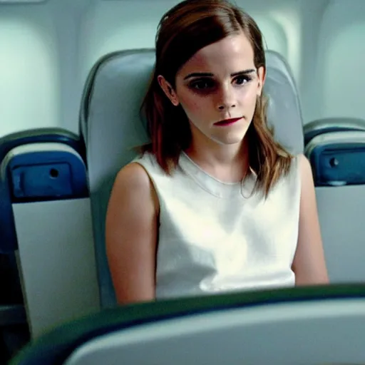 Image similar to emma watson, inside airplane, film still, low contrast,