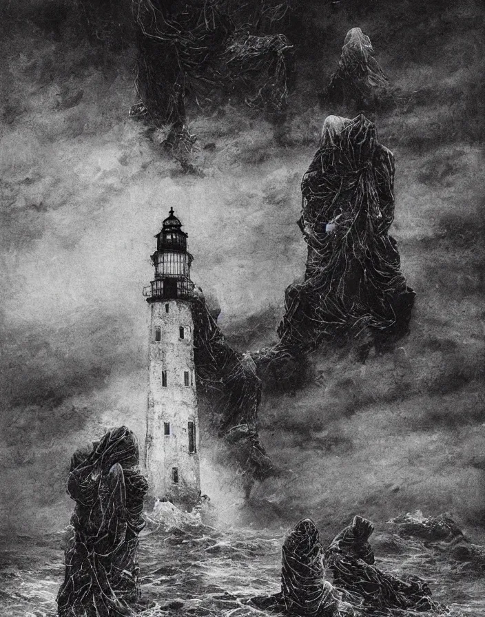 Image similar to worshippers in tattered robes belonging to the cult of the lighthouse standing in waves, a lighthouse, high detailed beksinski painting, part by adrian ghenie and gerhard richter. art by takato yamamoto. masterpiece, dark and moody, deep colours,