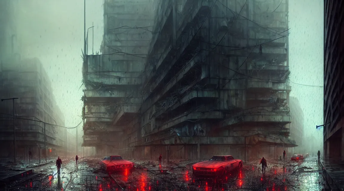 Image similar to post apocalyptic city building, raining, building, avenue, modern contemporary urban americana concrete architecture, paved roads, by greg rutkowski trending on artstation, photorealistic, neon ambiance, ultra detailed, high definition, depth of field, bokeh, wild vegetation, blood stains, crumbling, post - apocalyptic warriors