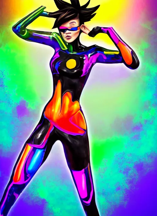 Image similar to full body abstract surreal weird digital drawing portrait of tracer overwatch, confident pose, full body, full body, wearing black jagged iridescent rainbow latex armor, rainbow, neon, 4 k, expressive surprised expression, makeup, wearing large rainbow neon choker, studio lighting, black latex, expressive detailed face and eyes,