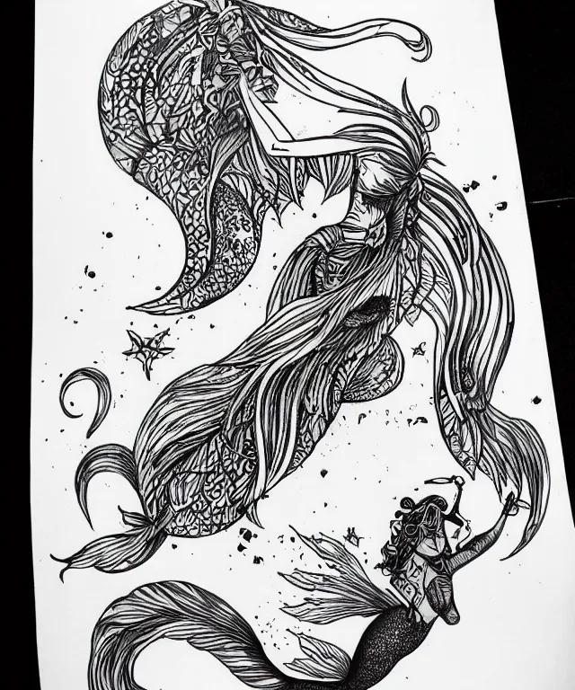 Image similar to tattoo design illustration, black ink on white paper, beautiful mermaid, full body