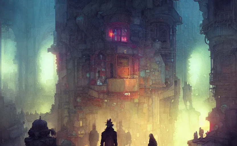 Image similar to subterranean city. intricate, amazing composition, colorful watercolor, by ruan jia, by maxfield parrish, by marc simonetti, by hikari shimoda, by robert hubert, by zhang kechun, illustration, gloomy, volumetric lighting, fantasy