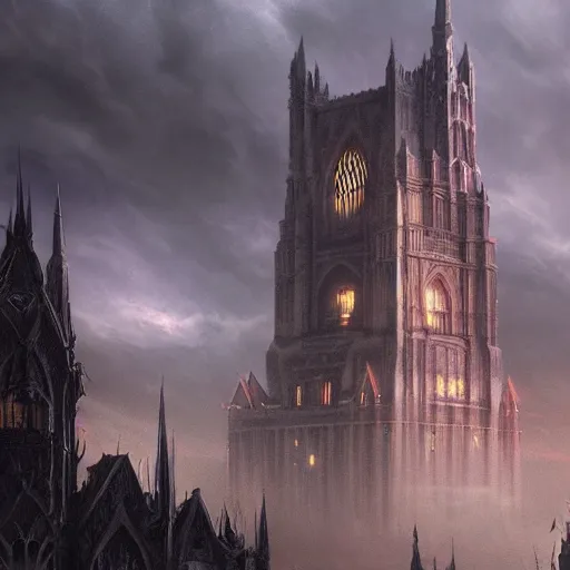 Image similar to an ultra detailed matte painting of a lonely and impossibly tall ominous gothic dark citadel tower of the evil patriarch, in the style of magic the gathering, in a river elevated high above the city, flintlock fantasy capital city, ultrawide lense, aerial photography, scary thunderstorm, exquisite detail, 8 k, art by greg rutkowski and alphonse mucha