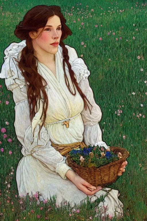 Prompt: beautiful natural coy liv tyler cottagecore peasant maiden farmer girl by the riverside, intricate, elegant, highly detailed, digital painting, artstation, concept art, smooth, sharp focus, illustration, art alphonse mucha and james gurney and egon schiele