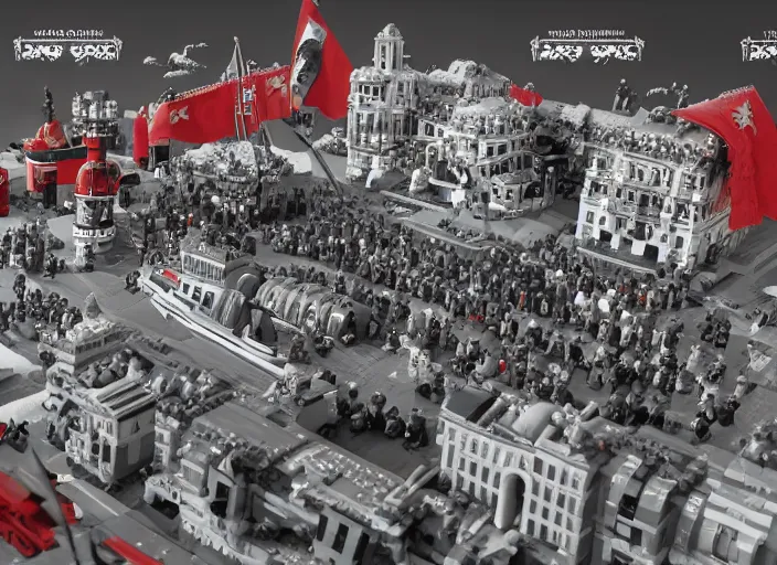 Prompt: hyper detailed stalin, lenin, revolutionary sailors together taking winter palace from bourgeoisie as lego characters, unreal engine 5, lumen, nanite, dslr