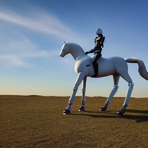 Image similar to A robot is riding a white horse in the blue sky