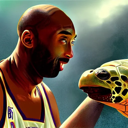 Image similar to kobe bryant kissing a giant turtle in heaven, hyper realistic, cinematic, side view, digital art, amazing detail, artstatiom, cgsociety, epic art