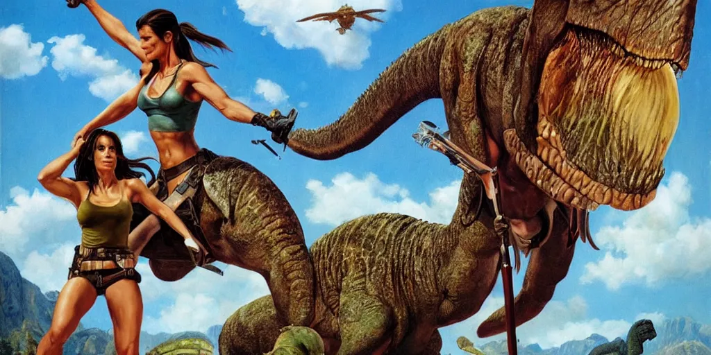 Image similar to Sandra Bullock as Lara Croft mounted and riding a large dinosaur, Boris Vallejo, Julie Bell