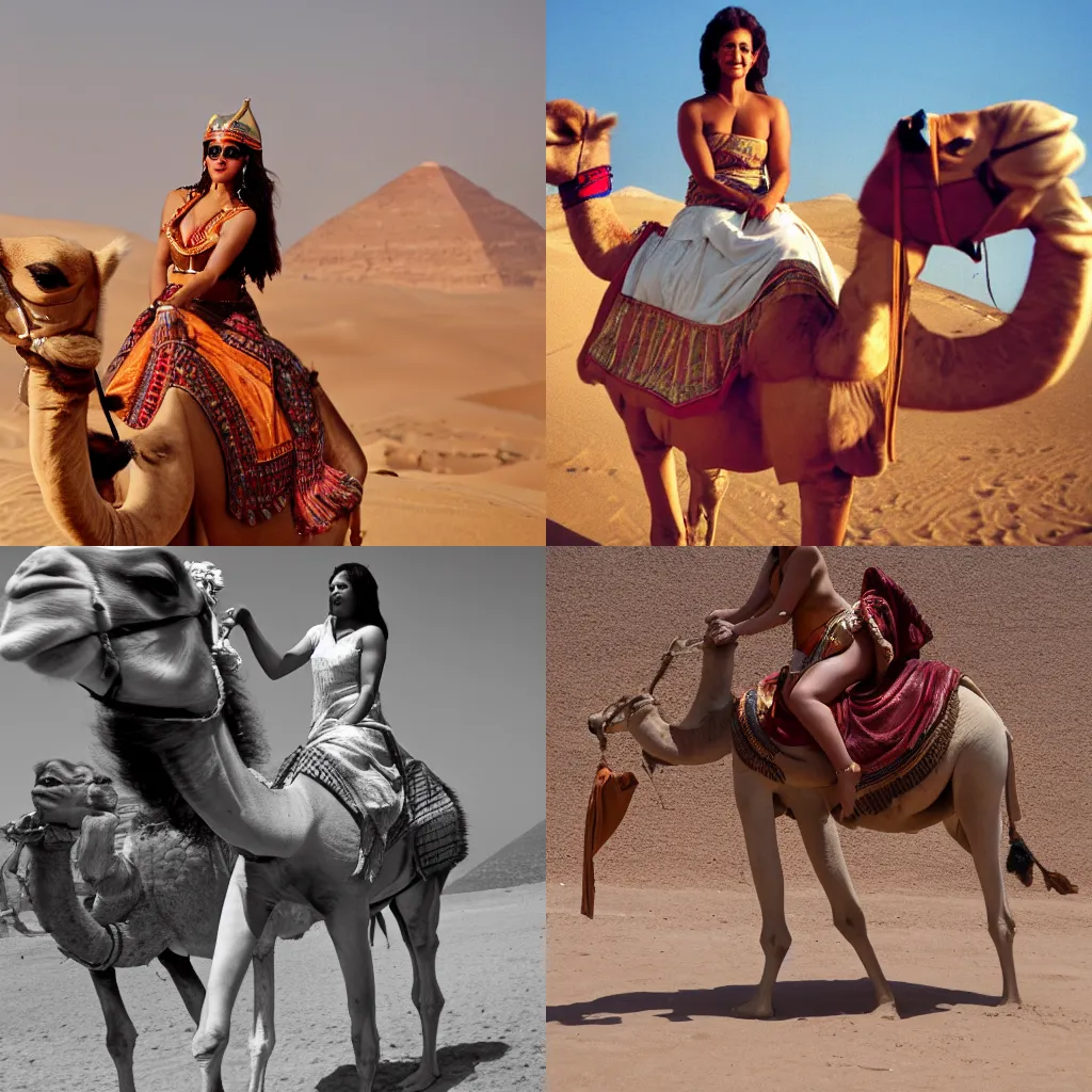 Prompt: cinematic photo of voluptous egyptian princess riding a camel