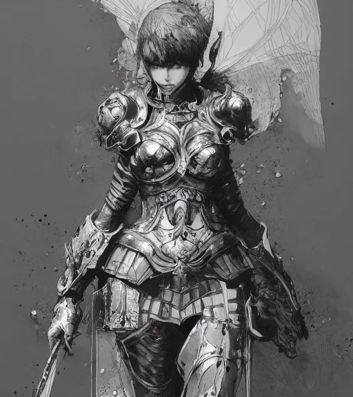 Prompt: anime woman in armor, pen and ink, intricate line drawings, by craig mullins, ruan jia, kentaro miura, greg rutkowski, loundraw