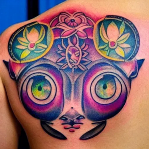 Prompt: shoulder tattoo of a meditating cute realistic bush baby, eyes are sparkeling rainbow spirals, glowing multicolored chakra symbols, surrounded with colorful lotus flowers, insanely integrate