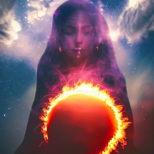 Image similar to a goddess, sci - fi aesthetics, on fire, photoshop, colossal, creative and cool, giant, photo manipulation, planets, earth, outer space, smoke, destruction