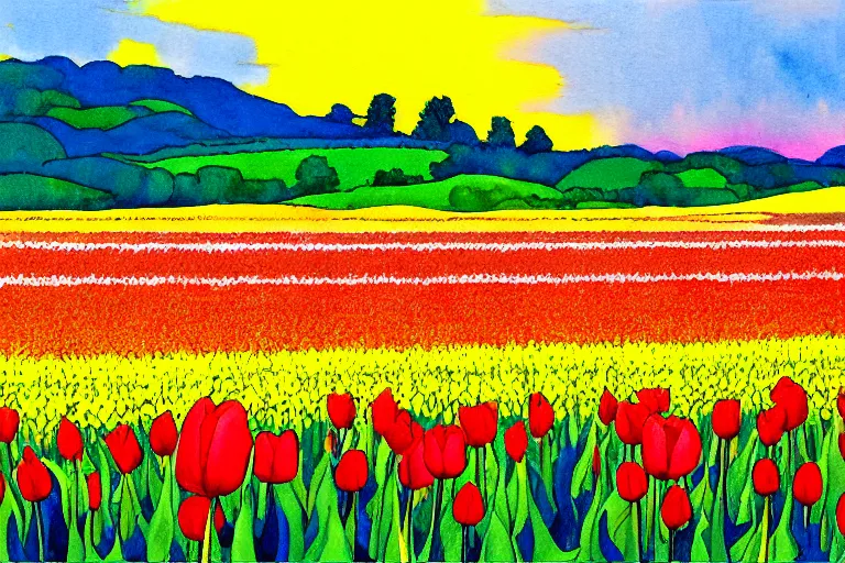 Image similar to painting of a tulip field with rolling hills, watercolour by wes wilson, victor moscoso, robert crumb, peter max, william finn, martin sharp