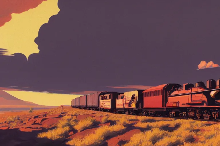 Image similar to idyllic old western freight train illustration by syd mead, artstation, 4 k, graphic novel, concept art, matte painting, steam engine spewing billowy white clouds of steam, beautiful mountain desert sunset background, golden hour