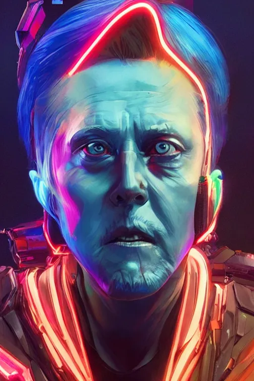 Image similar to a cyberpunk christopher walken with blue hair, neon colors, concept art by artgerm and greg rutkowski and caravaggio and moebius