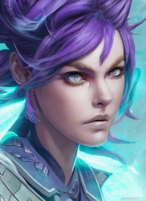 Image similar to close up portrait of sci - fi alleria windrunner with purple hair, pale blue backlight, powerful, domineering, stoic, intense, ultrafine hyperdetailed illustration by kim jung gi, irakli nadar, intricate linework, sharp focus, octopath traveler, yoji shinkawa, highly rendered, detailed, concept art