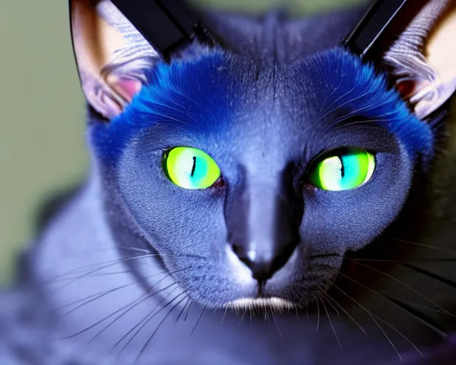 Image similar to a blue - and - black male blue / green heterochromatic catbat fursona with blue / green heterochromatic eyes ( one eye green ) and huge bat ears, photo of the catbat streaming on his computer