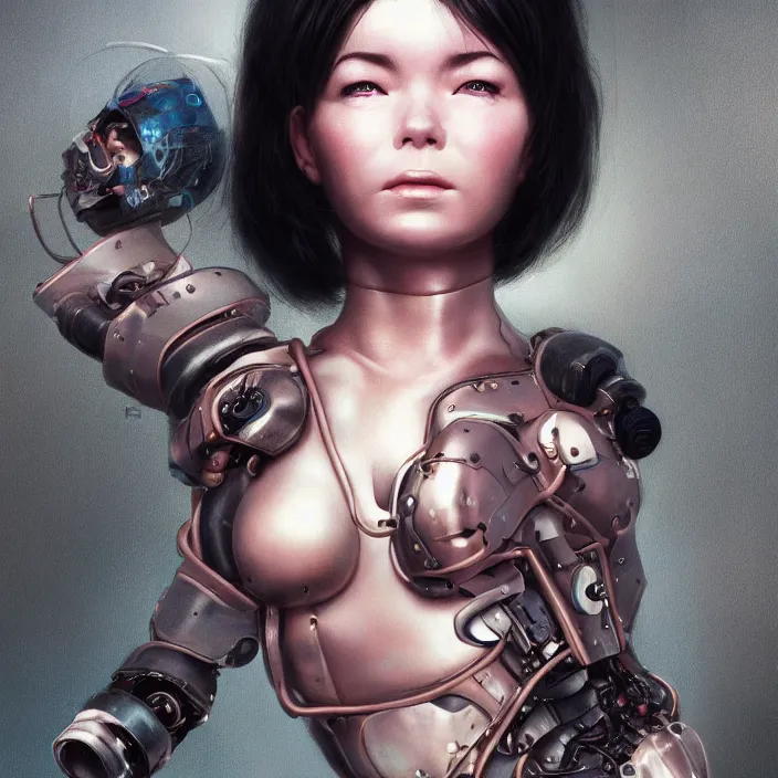 Image similar to hyper - realistic bjork leather cyborg - by tom bagshaw, by ilya kuvshinov, rtx rendering, octane render 1 2 8 k, maya, extreme high intricate details by wlop, digital anime art by ross tran, medium shot, close up shot, composition by sana takeda, dramatic lighting by greg rutkowski, 8 k, trending on artstation