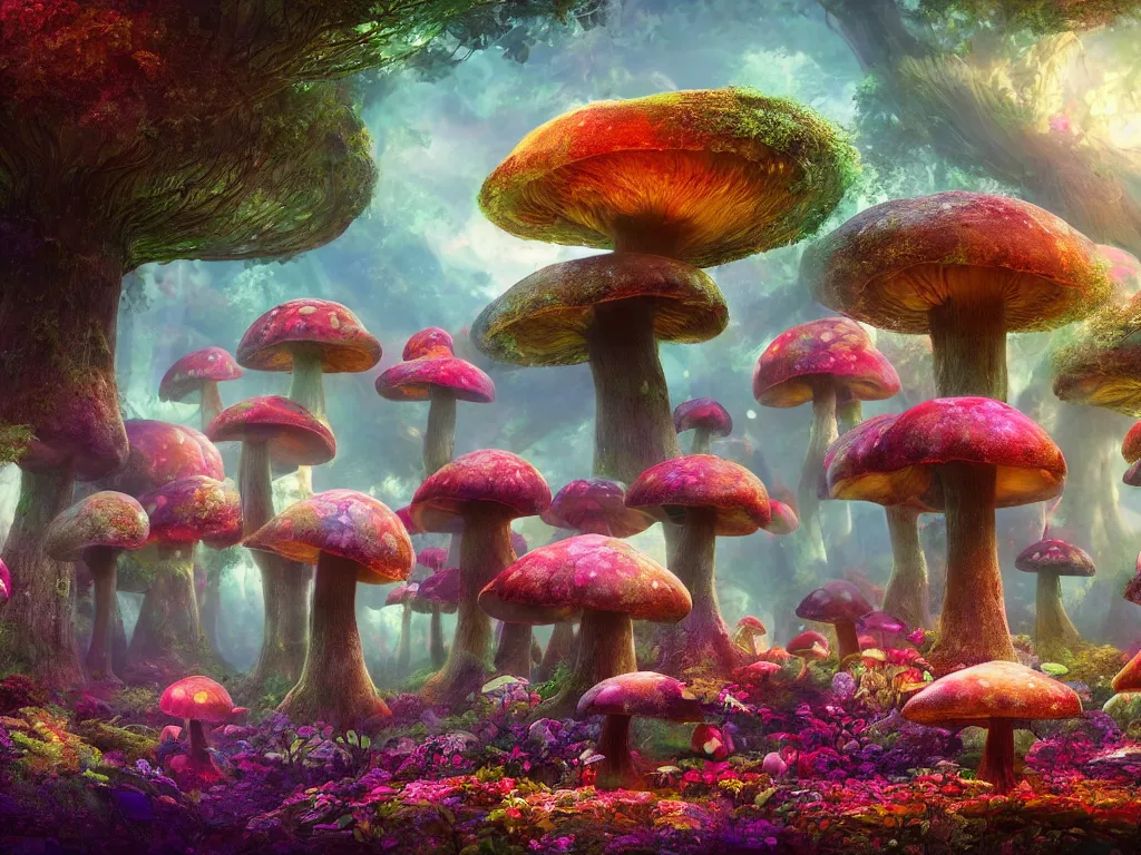 Image similar to a beautiful otherworldly fantasy landscape of giant mushroom trees forming canopies over bright colorful mythical floral plants, like alice in wonderland, rendering, cryengine, deep color, vray render, cinema 4 d, cgsociety, bioluminescent