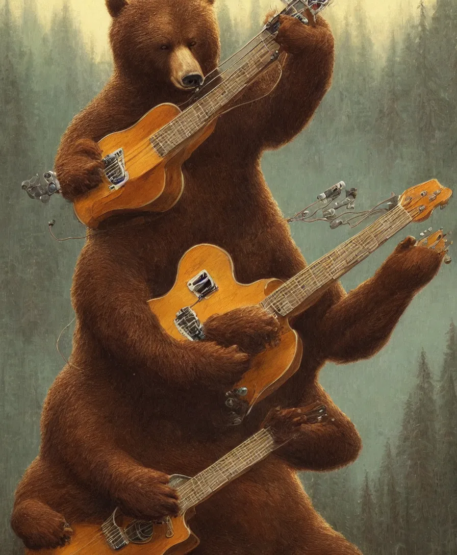 Image similar to realistic bear playing guitar, illustrated by Simon Stålenhag and Gaston Bussiere, intricate, ultra detailed, photorealistic, trending on artstation